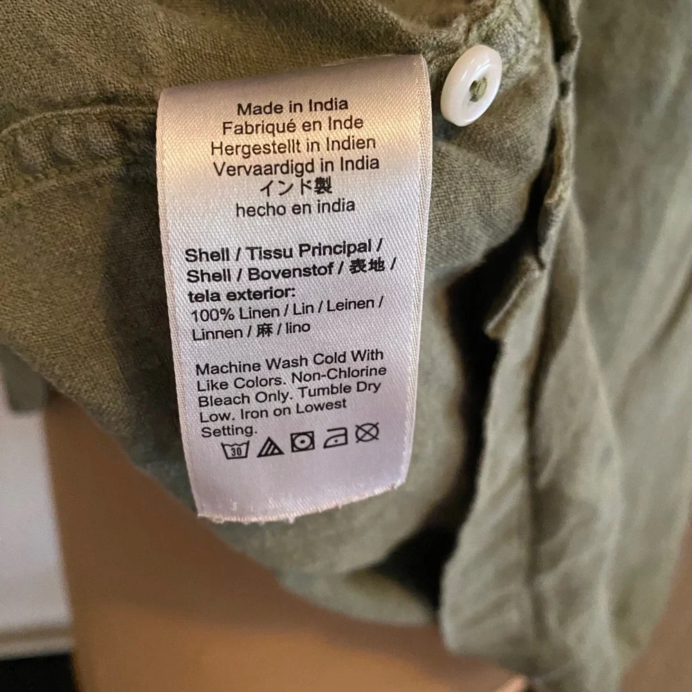 J. Crew 100% Linen Shirt Gorpcore Coastal Casual Mens Large Olive Green pockets